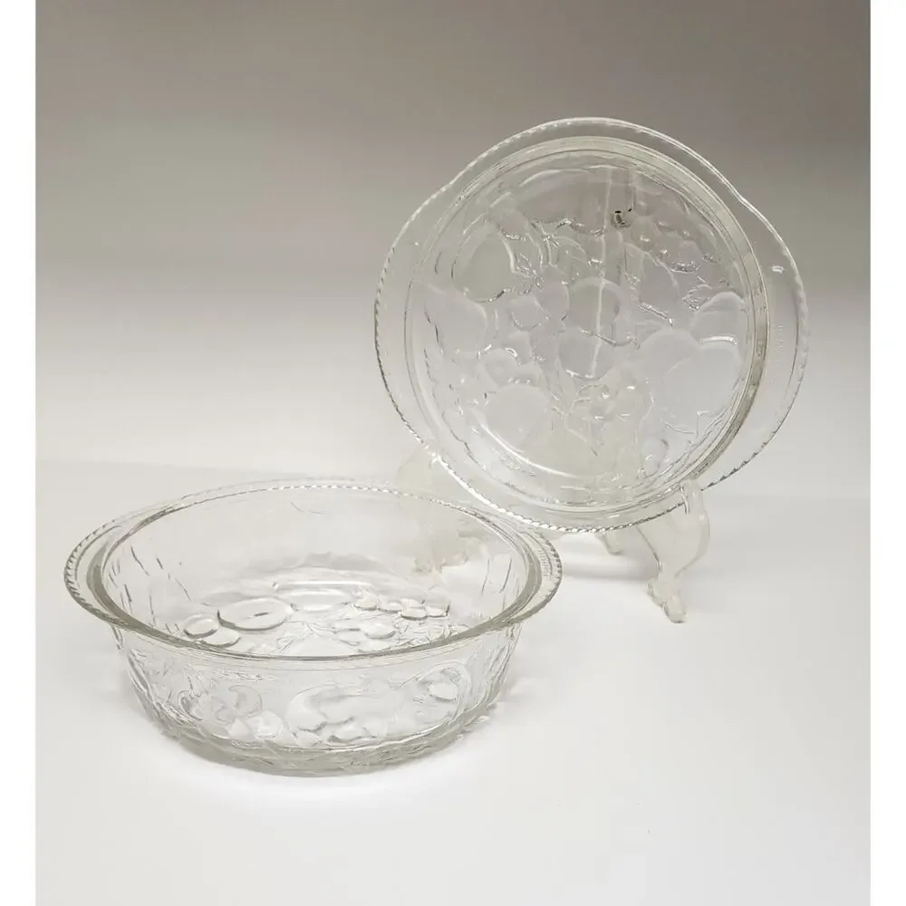 Libbey Orchard Fruit Clear Glass 3Qt Round Casserole Baking Dish & Pie Plate Lid